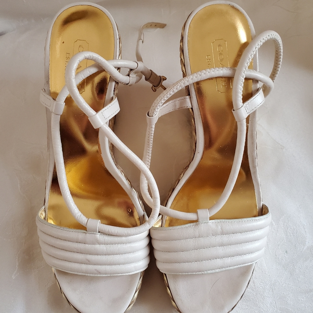 Coach White Leather and Metallic Gold Wedges